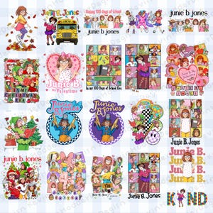 May include: A collection of 16 colorful digital designs featuring Junie B. Jones, a popular children's book character. The designs include various scenes from the books, such as Junie B. in her classroom, at home, and with her friends. The designs are perfect for creating t-shirts, tote bags, mugs, and other personalized items.