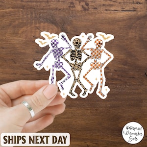 Dancing Skeleton Halloween Sticker, Checkered Pattern Spooky Skeleton Decal, Retro Skull Dance Vibes, Funny Halloween Decor