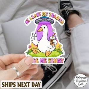 At Least My Trauma Made Me Funny Silly Goose Sticker, Sarcastic Sticker, Funny Laptop Decal, Chaos Coordinator Gift, Retro Anxiety Sticker