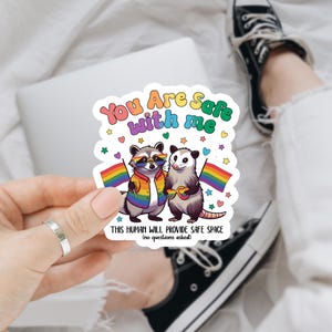 Pegatina "Estás a salvo conmigo" del Orgullo Gay, divertida pegatina de mapache LGBT, pegatina del orgullo, pegatina de arcoíris, pegatina para portátil, pegatina para álbum de recortes, pegatina LGBTQ+