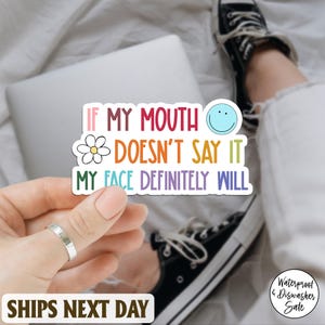 If My Mouth Doesn’t Say It My Face Definitely Will Sticker, Funny Sarcastic Quote Vinyl Decal, Sassy Humor Sticker For Laptop, Water Bottle