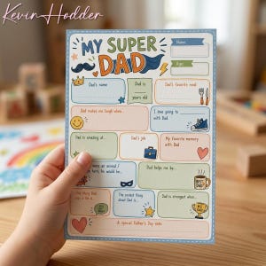 Puede incluir: Una colorida tarjeta para el Día del Padre para rellenar con el texto "MY SUPER DAD". La tarjeta tiene espacios para el nombre, la edad, la comida favorita de papá y más. La tarjeta está en la mano de un niño.