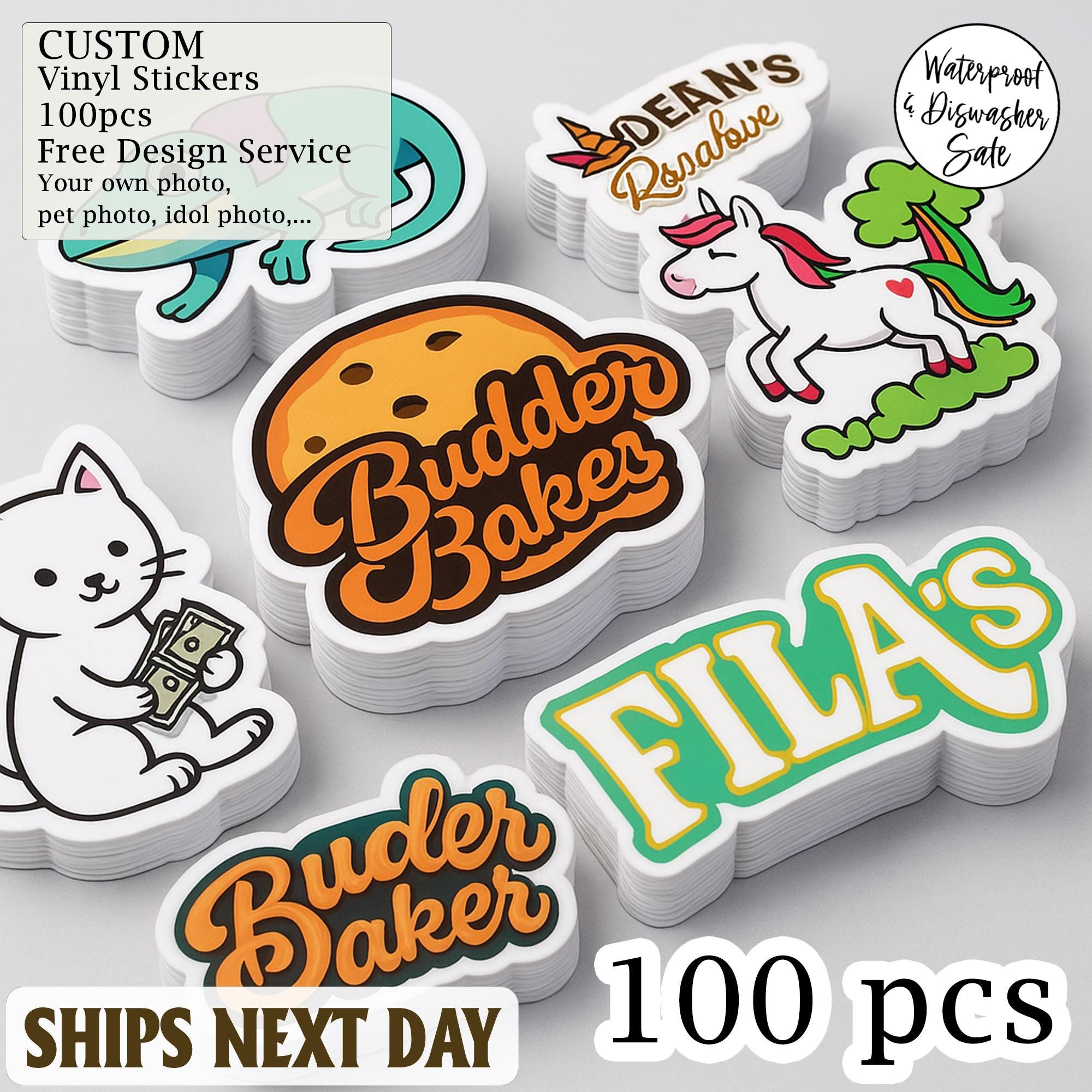 100pcs Custom Vinyl Stickers, Waterproof PVC Die Cut Logo Stickers, Personalized Business Brand Sticker Pack for Laptop Packaging Decor