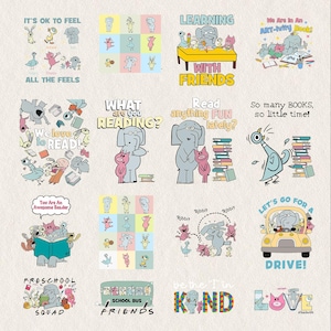 以下が含まれることがあります： 読書、学習、友情に関するさまざまなメッセージを伝える、象のキャラクターを描いたカラフルなイラストの集まりです。イラストには、「読書が大好き！」や「友達と学ぶ」などのテキストが含まれています。