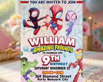 Personalized Superhero Friends Birthday Invitation | Custom Editable Printable Spider Hero Party Invite Birthday Card