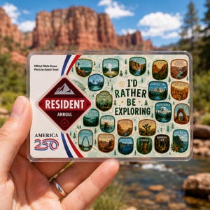 May include: A clear plastic card featuring illustrations of national parks, including Acadia, Yosemite, and Zion. The card has the text "I'd Rather Be Exploring" and "Resident Annual America 250". The background shows a scenic outdoor view.