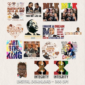 May include: A selection of digital download designs featuring Martin Luther King Jr. and related themes. The designs include portraits, quotes, and the text "Martin Luther King Jr. Day," with various color schemes and styles. The phrase "Digital Download - 300 DPI" is also present.