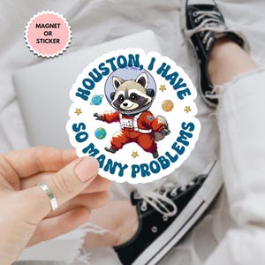 Houston I Have So Many Problems Funny Raccoon Sticker, Vintage Raccoon, Woodland Animal Sticker, Coworker Magnet, Trash Panda Sticker