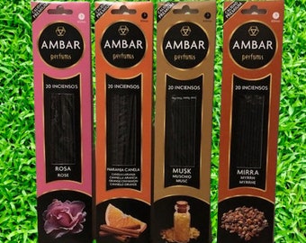 Caja de 20 inciensos: ámbar, almizcle, rosa, canela, naranja, mirra