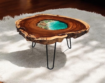 Handmade Live Edge Coffee Table, Solid Wood Table with Resin Lake design, Rosewood Table, Center Table, Live Edge Table Top With Metal Legs