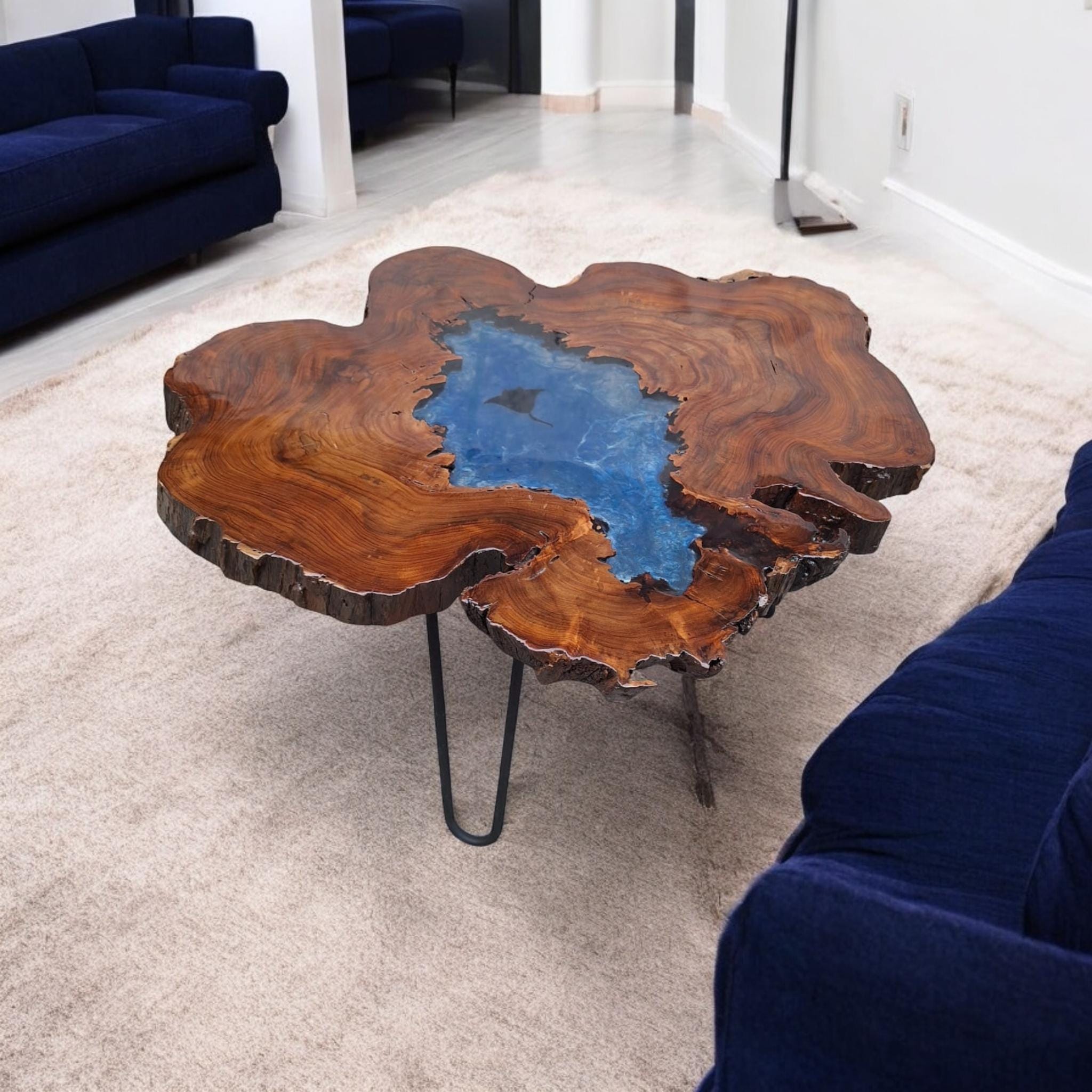 Epoxy Resin Solid Wood Handmade Table, Live Edge Rosewood Coffee Table, Table with Manta Ray Fish in deep ocean view Resin Art, Center Table