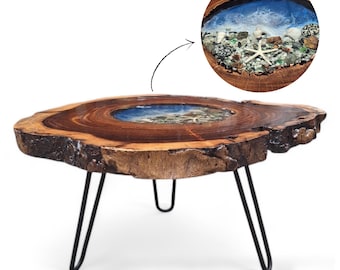 Solid Wood Hadmade Table with Ocean Beach View, Epoxy Resin Art, Center Table, Live Edge Coffee Table, Live Edge Table With Metal Legs