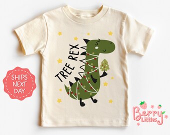 Tree Rex Retro Christmas Natural Youth Kids Shirt - Holiday Graphic Shirt for Toddlers - Dino Winter Shirt for Kids BRY-0977