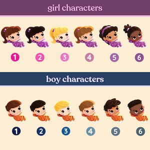 May include: Illustration of six girl characters and six boy characters in pajamas. The girls are wearing purple pajamas with white polka dots and the boys are wearing orange pajamas with white polka dots. Each character is numbered 1 through 6.