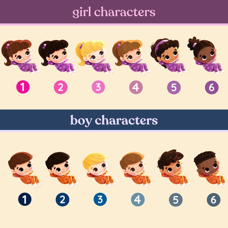 May include: Illustration of six girl characters and six boy characters in pajamas. The girls are wearing purple pajamas with white polka dots and the boys are wearing orange pajamas with white polka dots. Each character is numbered 1 through 6.