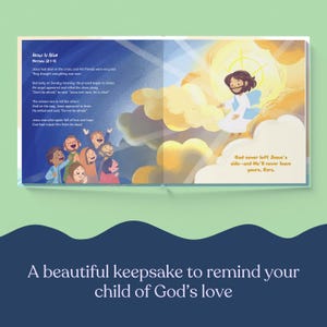 May include: An open book with illustrations and text about Jesus' resurrection. The left page shows a group of people, while the right page depicts Jesus with a halo. Text includes "Jesus Is Alive" and "God never left Jesus's side."