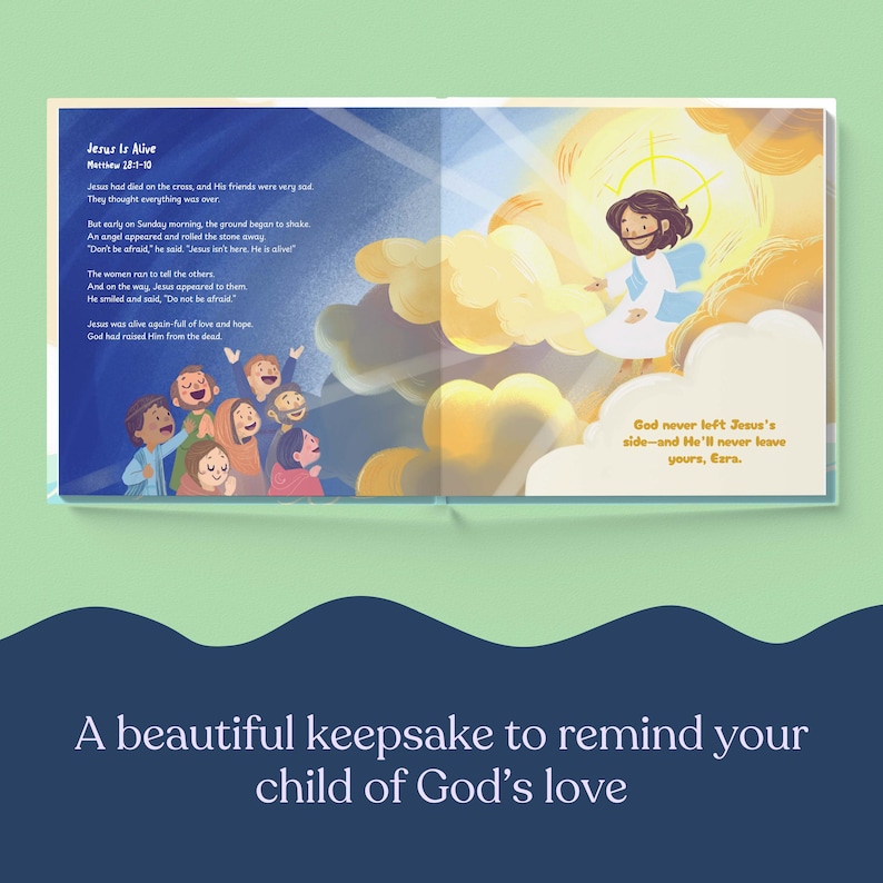 May include: An open book with illustrations and text about Jesus' resurrection. The left page shows a group of people, while the right page depicts Jesus with a halo. Text includes "Jesus Is Alive" and "God never left Jesus's side."