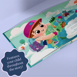 May include: A colorful illustrated children's book with a young boy on the cover. The boy is wearing a blue shirt, a purple backpack, and a pink hat. He is pointing at a world map with various landmarks and animals. The text on the page reads "As I grow up, Grandpa, And I might not always be... But this much I'm very blessed... Where... I'll always love..."