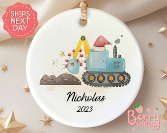 Kids Christmas Construction Truck Name Ornament - Personalized Christmas 2024 Kids Ornament - Custom Name and Year Boys Ornament OR-0363
