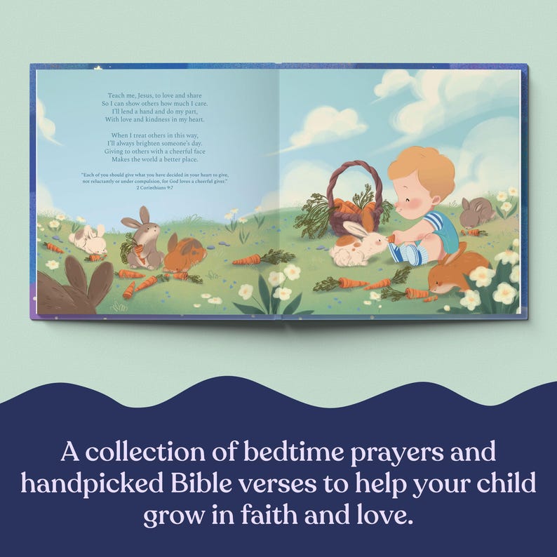 May include: A children's book with illustrations of a boy feeding carrots to rabbits. The book's pages are open, displaying a colorful scene with a basket of carrots and a blue sky. Text on the page reads, "Teach me, Jesus, to love and share."