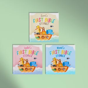 May include: Three children's books titled "Ezra's First Bible Stories", "Lydia's First Bible Stories", and "Noah's First Bible Stories". Each book cover features a colorful illustration of Noah's Ark with animals and the title text.