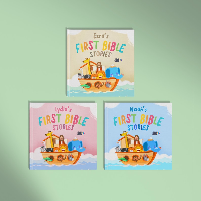 May include: Three children's books titled "Ezra's First Bible Stories", "Lydia's First Bible Stories", and "Noah's First Bible Stories". Each book cover features a colorful illustration of Noah's Ark with animals and the title text.