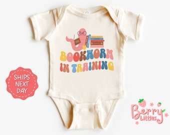 Bookworm in Training Baby Reveal Onesie® - School Librarian Baby Announcement - Bookworm Infant Vintage Natural Bodysuit Onesie® BRY-0583