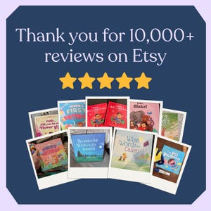 May include: A collection of children's books with various titles, including "First Christmas" and "The Best Big Brother." The image features a navy blue background with text that reads "Thank you for 10,000+ reviews on Etsy."
