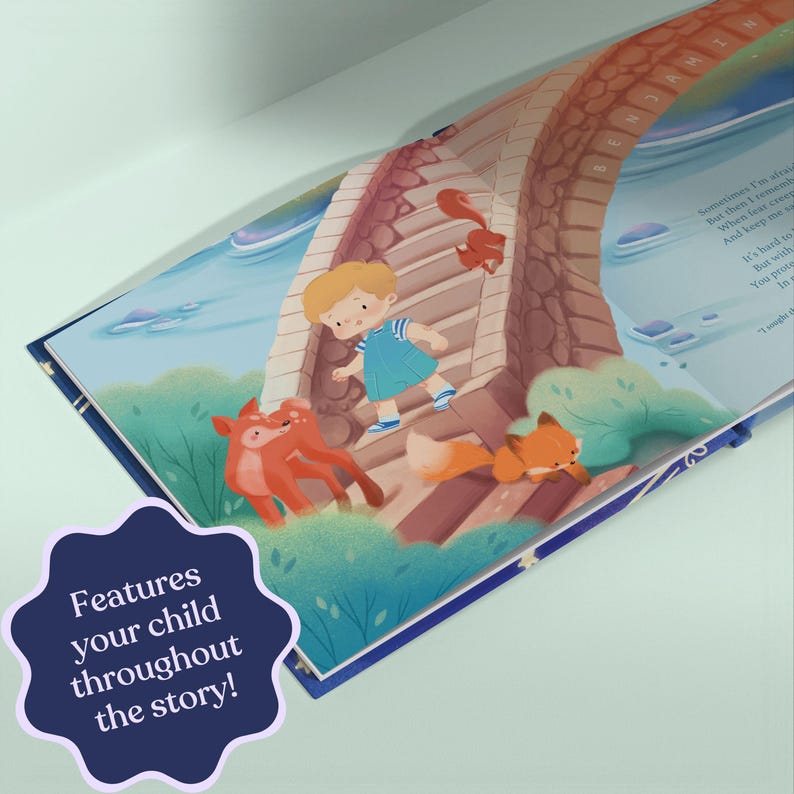 May include: Open children's book illustration featuring a bridge scene with a cartoon child in a blue dress and foxes. The text "Features your child throughout the story!" is visible on a dark blue starburst.