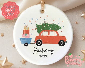Kids Christmas Car Name Ornament - Personalized Christmas Kids Ornament - Custom Name and Year Boys Ornament - Christmas 2024 OR-0362