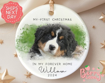May include: White ceramic ornament with a watercolor background featuring a Bernese Mountain Dog puppy. The ornament reads "My First Christmas" and "In My Forever Home Willow 2024".