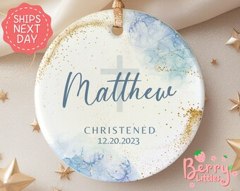 Personalized Christening Ornament - Name + Date Custom Baptism Ornament - Blue Watercolor Christened Ornament Keepsake BO-0315