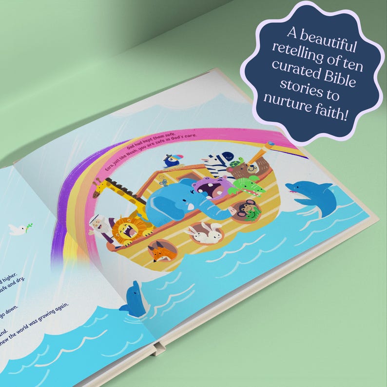 May include: Open children's book illustration of Noah's Ark with colorful animals, a rainbow, and the text "A beautiful retelling of ten curated Bible stories to nurture faith!"