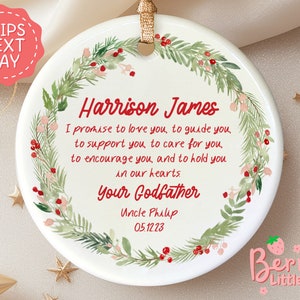 Personalized Godfather Ornament - Godfather Keepsake - Christening Baptism Godfather Ornament - Floral Wreath Keepsake Ornament BO-0098