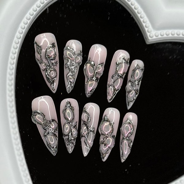 Silver Chrome Set/Handmade Custom Pres On Nails