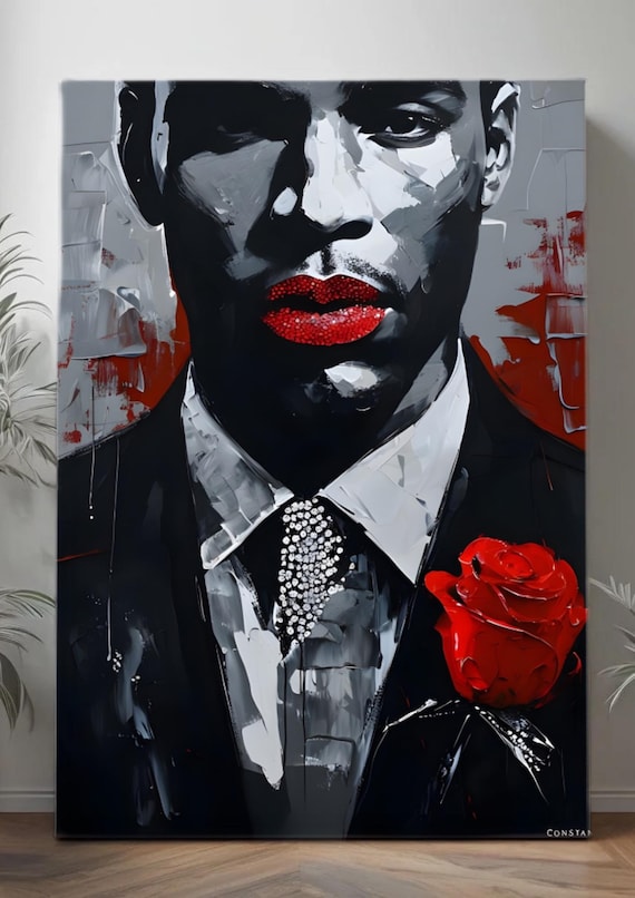 Elegant Noir: Abstract Man in Suit with Red Rose"