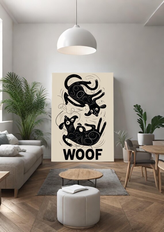 Playful Black Dogs Art Print - Abstract Pet Wall Art - WOOF Poster - Instant Download
