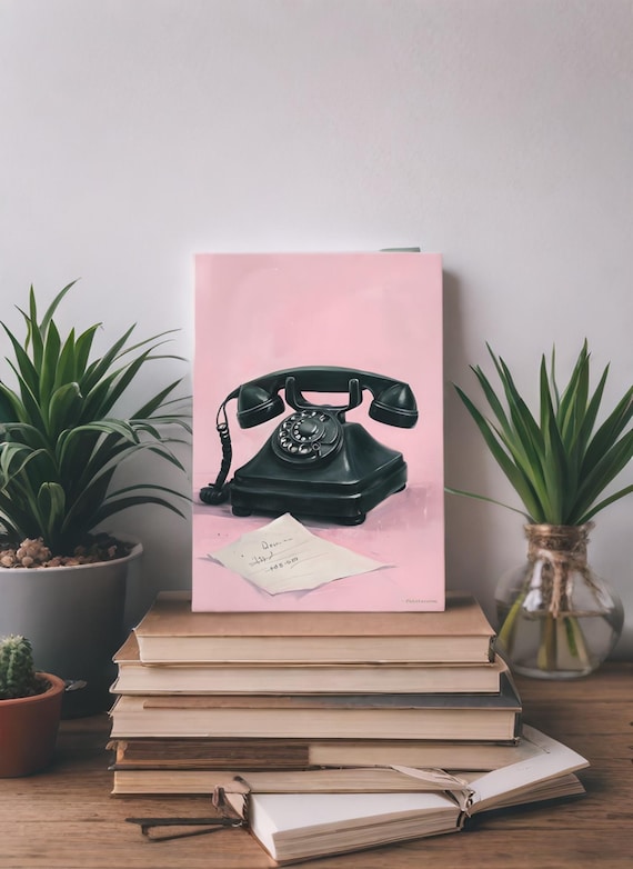Vintage Rotary Dial Telephone Art Print - Nostalgic Pink Background Decor