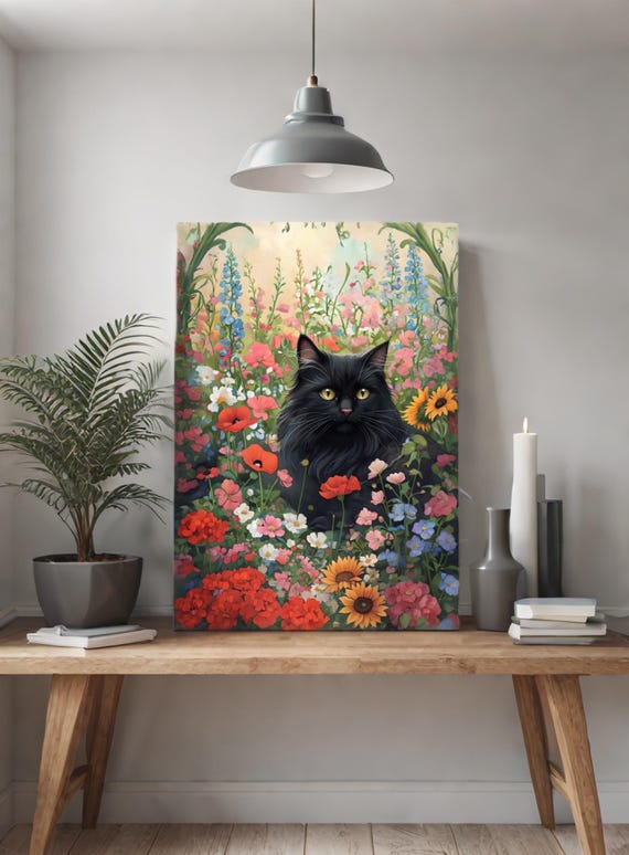 Majestic Black Cat in Vibrant Flower Garden - Digital Art Print