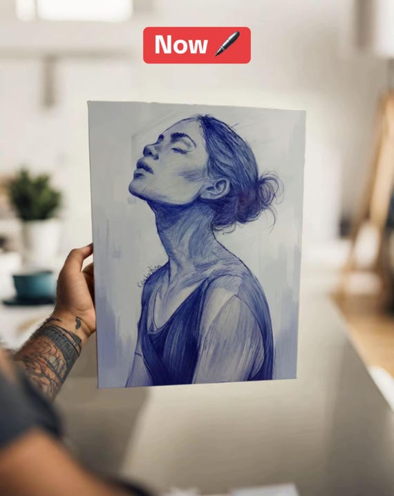 Blue Ink Woman Portrait: Minimalist Pen Line Art (Digital Download)