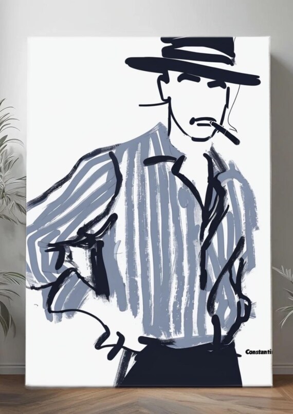 Expressive Striped Shirt Art Print | Wide-Brimmed Hat & Cigar Illustration | Modern Wall Decor
