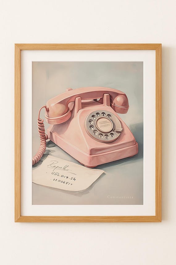 Retro Pink Telephone Print – Vintage Boho Wall Art, Pastel Digital Download, 70s Retro Home Decor, Instant Printable Poster