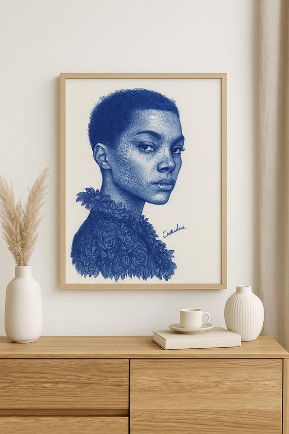 Floral Top Woman – Confident Pen Portrait | Blue Ink Line Art | Printable Wall Art Download