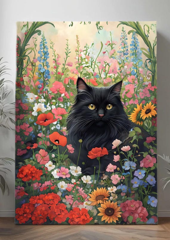 Majestic Black Cat in Vibrant Flower Garden - Digital Art Print