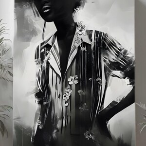 Elegant Monochromatic Art Print | Stylish Figure with Floral Patterns