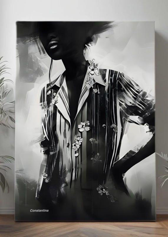 Elegant Monochromatic Art Print | Stylish Figure with Floral Patterns