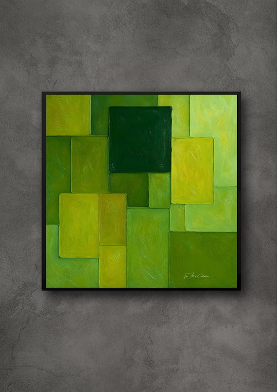 Modern canvas Art, Green Rectangles Abstract Painting, Nature Inspired Wall Decor, Forest Lime Brushstroke Design, Fresh Tranquil Home Art,