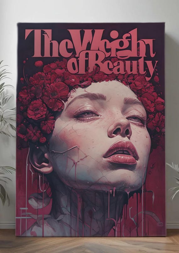 The Weight of Beauty - Red Floral Crown Art Print - Surreal Wall Decor - Downloadable Digital Art Poster