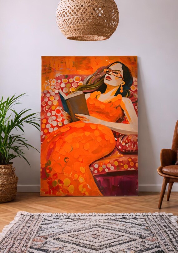 Reading in Serenity: Vibrant Orange Dress Art Poster