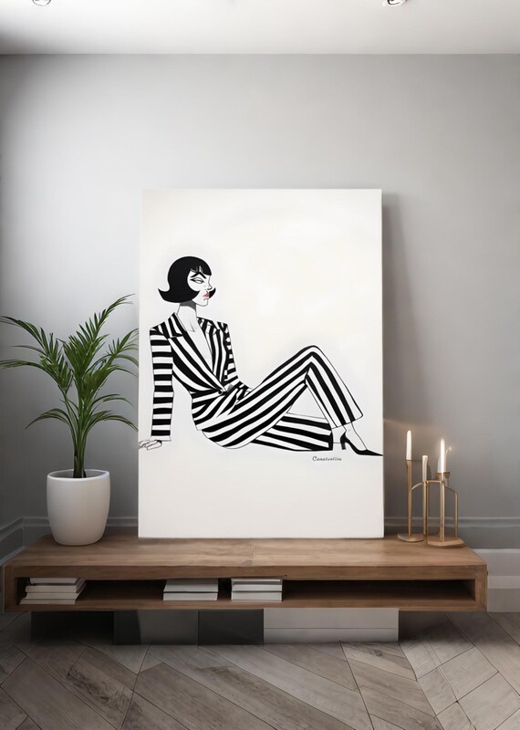 Modern Black-and-White Illustration of a Stylish Woman